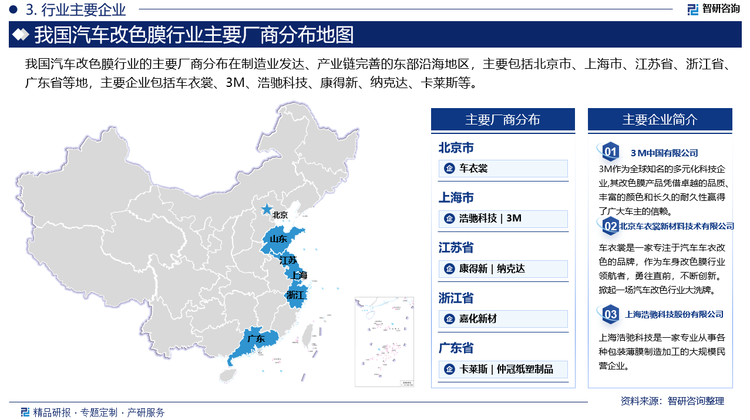 我国汽车改色膜行业的主要厂商分布在制造业发达、产业链完善的东部沿海地区，主要包括北京市、上海市、江苏省、浙江省、广东省等地，主要企业包括车衣裳、3M、浩驰科技、康得新、纳克达、卡莱斯等。