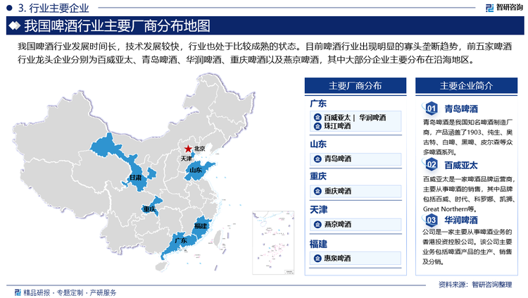 我国啤酒行业发展时间长，技术发展较快，行业也处于比较成熟的状态。目前啤酒行业出现明显的寡头垄断趋势，前五家啤酒行业龙头企业分别为百威亚太、青岛啤酒、华润啤酒、重庆啤酒以及燕京啤酒，其中大部分企业主要分布在沿海地区。未来，在寡头垄断格局下，企业之间的竞争将更加激烈，但同时也将推动整个行业向更高水平发展。