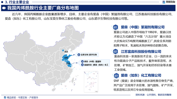 近幾年，我國(guó)丙烯酰胺企業(yè)數(shù)量逐漸增多，主要企業(yè)有愛(ài)森（中國(guó)）絮凝劑有限公司、江蘇富淼科技股份有限公司、愛(ài)森（如東）化工有限公司、山東寶莫生物化工股份有限公司、山東諾爾生物科技有限公司等。隨著我國(guó)環(huán)保政策逐步實(shí)施，丙烯酰胺生產(chǎn)企業(yè)的環(huán)保壓力逐漸提升，需要進(jìn)一步加大資源利用優(yōu)化、污染物排放控制等，從而促進(jìn)綠色生產(chǎn)的發(fā)展。