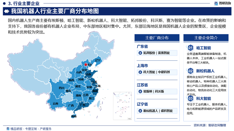 国内机器人生产商主要有埃斯顿、哈工智能、新松机器人、科大智能、拓邦股份、科沃斯、赛为智能等企业。在政策的影响和支持下，我国各省份都有机器人企业布局，中东部地区相对集中。尤其，东部沿海地区是我国机器人企业的聚集区，企业规模和技术优势较为突出。