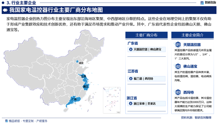 家电温控器企业的热力图分布主要呈现出东部沿海地区集聚、中西部地区分散的特点。这些企业在地理空间上的集聚不仅有助于形成产业集群效应和技术创新优势，还有助于满足市场需求和推动产业升级。其中，广东省代表性企业包括佛山天朋、佛山通宝等。