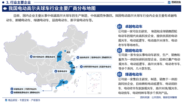 目前，国内企业主要从事中低端高尔夫球车的生产制造，中低端竞争激烈。我国电动高尔夫球车行业内企业主要有卓越电动车、朗晴电动车、绿通新能源电动车、益高电动车、新宇宙电动车等。