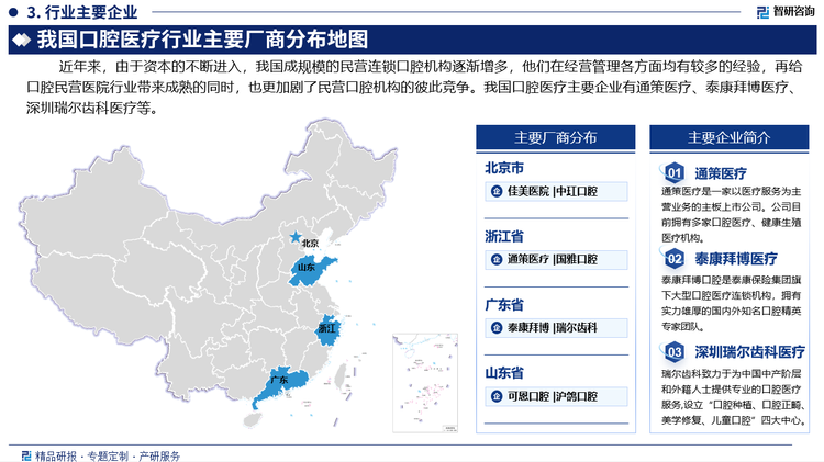 口腔医疗行业是我国重点鼓励、扶持发展的产业。国有口腔医疗机构愈加注重规模，设备，环境建设，愈加关注效益的提高，并且对往日不关注的营销和服务加以重视，对口腔民营医院形成了巨大的竞争压力。近年来，由于资本的不断进入，我国成规模的民营连锁口腔机构逐渐增多，他们在经营管理各方面均有较多的经验，再给口腔民营医院行业带来成熟的同时，也更加剧了民营口腔机构的彼此竞争。我国口腔医疗主要企业有通策医疗、泰康拜博医疗、深圳瑞尔齿科医疗等。