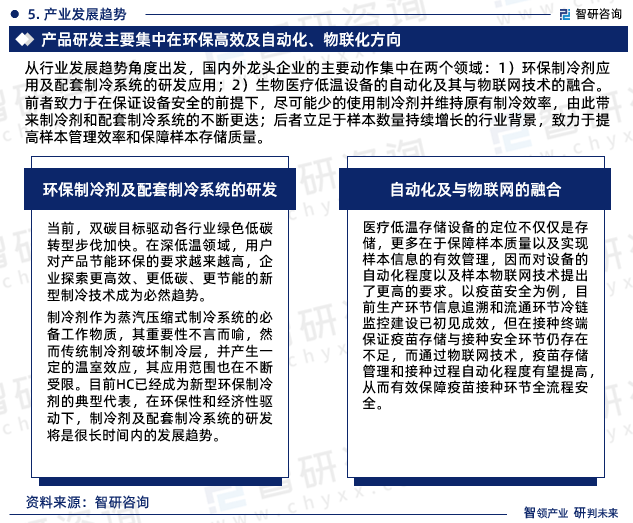 从行业发展趋势角度出发，国内外龙头企业的主要动作集中在两个领域：1）环保制冷剂应用及配套制冷系统的研发应用；2）生物医疗低温设备的自动化及其与物联网技术的融合。前者致力于在保证设备安全的前提下，尽可能少的使用制冷剂并维持原有制冷效率，由此带来制冷剂和配套制冷系统的不断更迭；后者立足于样本数量持续增长的行业背景，致力于提高样本管理效率和保障样本存储质量。