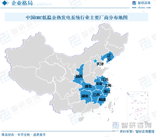 中国ORC低温余热发电系统行业主要厂商分布地图