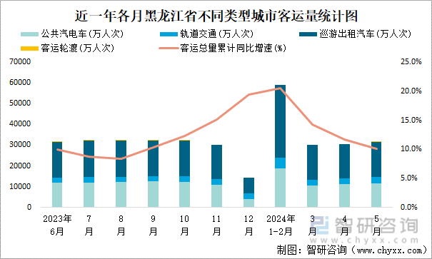 近一年各月黑龙江省不同类型城市客运量统计图