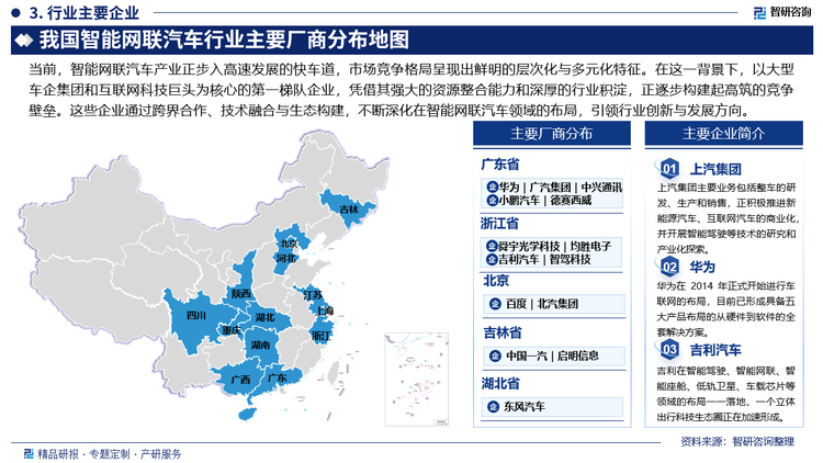 当前，智能网联汽车产业正步入高速发展的快车道，市场竞争格局呈现出鲜明的层次化与多元化特征。在这一背景下，以大型车企集团和互联网科技巨头为核心的第一梯队企业，凭借其强大的资源整合能力和深厚的行业积淀，正逐步构建起高筑的竞争壁垒。这些企业通过跨界合作、技术融合与生态构建，不断深化在智能网联汽车领域的布局，引领行业创新与发展方向。