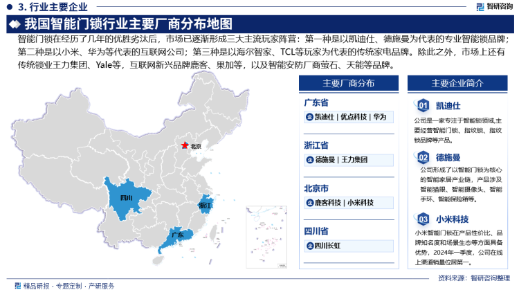 随着越来越多的企业入局智能门锁领域及市场饱和度逐步提升，行业竞争日趋激烈，行业迎来惨烈的洗牌期，企业数量从2018年的超2000家减少至2022年的1000家左右。智能门锁在经历了几年的优胜劣汰后，市场已逐渐形成三大主流玩家阵营：第一种是以凯迪仕、德施曼为代表的专业智能锁品牌，有着丰富的产品和技术实力，掌握一定的市场定价权；第二种是以小米、华为等代表的互联网公司，他们依托于自身的生态优势，形成自有生态系统并具有协同优势；第三种是以海尔智家、TCL等玩家为代表的传统家电品牌，有现成的品牌、渠道、服务体系，拥有后发先至的机会。除此之外，市场上还有传统锁业王力集团、Yale等，互联网新兴品牌鹿客、果加等，以及智能安防厂商萤石、天能等品牌。