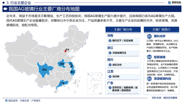 近年来，得益于市场需求不断增加、生产工艺持续优化，我国AG玻璃生产能力逐步提升，目前我国已成为AG玻璃生产大国。国内AG玻璃生产企业数量较多，但整体以中小型企业为主，产品质量参差不齐，主要生产企业包括豫科光学、恒昊玻璃、泽源玻璃科技、旭虹光电等。