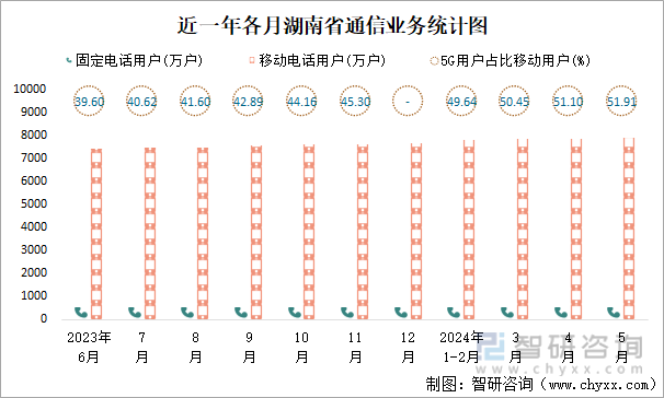 近一年各月湖南省通信业务统计图