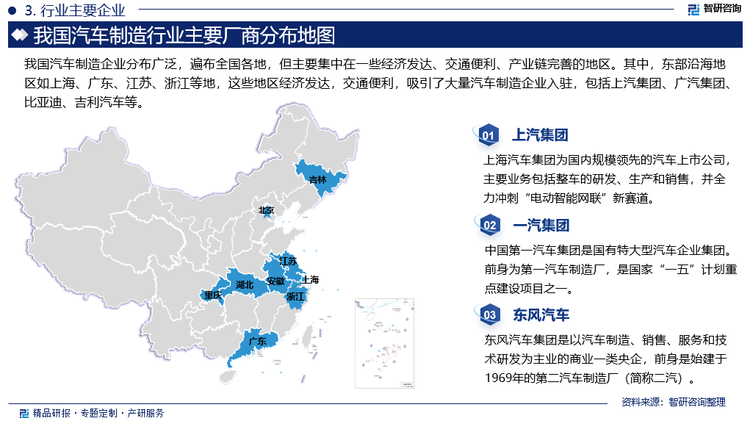 我国汽车制造企业分布广泛，遍布全国各地，但主要集中在一些经济发达、交通便利、产业链完善的地区。其中，东部沿海地区如上海、广东、江苏、浙江等地，这些地区经济发达，交通便利，吸引了大量汽车制造企业入驻，包括上汽集团、广汽集团、比亚迪、吉利汽车等。中部地区如湖北、安徽、重庆等地也孕育出一批知名汽车制造企业，包括东风汽车、长安汽车等。东北地区如吉林长春，作为中国汽车工业的摇篮，一汽集团等知名企业在此扎根。