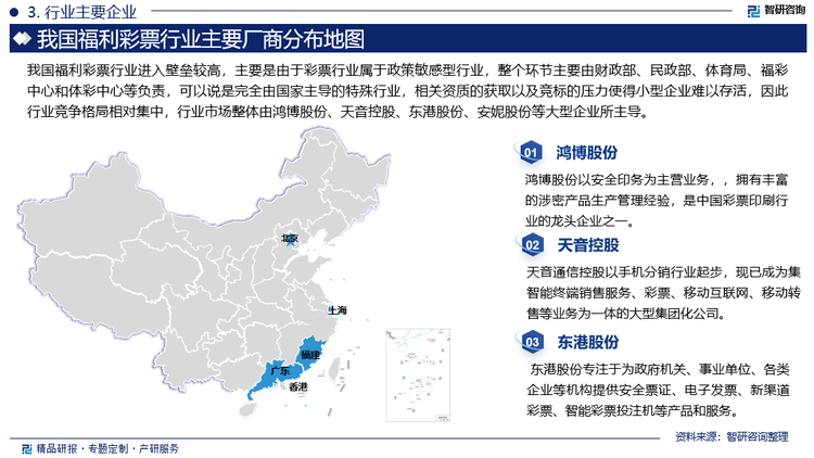 我国福利彩票行业进入壁垒较高，主要是由于彩票行业属于政策敏感型行业，整个环节主要由财政部、民政部、体育局、福彩中心和体彩中心等负责，可以说是完全由国家主导的特殊行业，相关资质的获取以及竞标的压力使得小型企业难以存活，因此行业竞争格局相对集中，行业市场整体由鸿博股份、天音控股、东港股份、安妮股份等大型企业所主导。