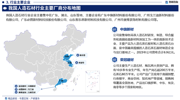 具體來看，我國人造石材行業(yè)主要企業(yè)有廣東中旗新材料股份有限公司、廣州戈蘭迪新材料股份有限公司、廣東必圖新材料科技股份有限公司、山東客樂思新材料科技有限公司、廣州市奧維裝飾材料有限公司等。