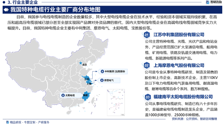 目前，我国参与电线电缆制造的企业数量较多，其中大型电线电缆企业在技术水平、经验和资本领域实现持续积累，在高压和超高压电缆领域已部分甚至全部实现国产品牌对外资品牌的替代，国内大型电线电缆企业在高端电线电缆领域竞争实力大幅提升。目前，我国特种电缆企业主要有中利集团、摩恩电气、太阳电缆、宝胜股份等。