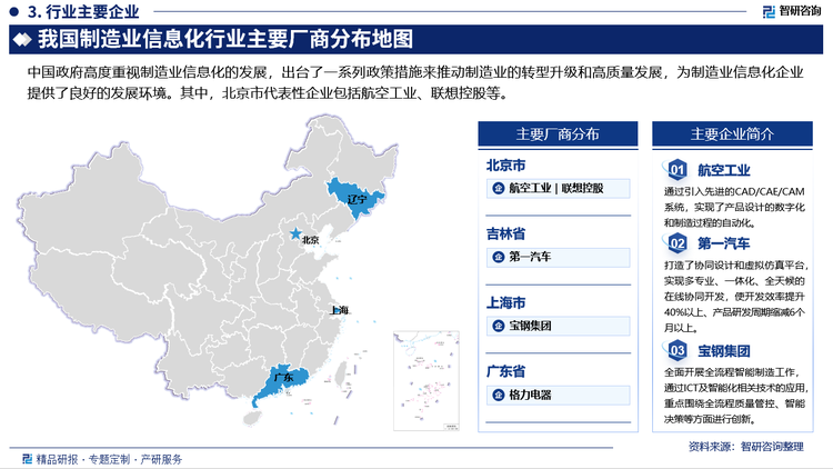 中国政府高度重视制造业信息化的发展，出台了一系列政策措施来推动制造业的转型升级和高质量发展，为制造业信息化企业提供了良好的发展环境。其中，北京市代表性企业包括航空工业、联想控股等。