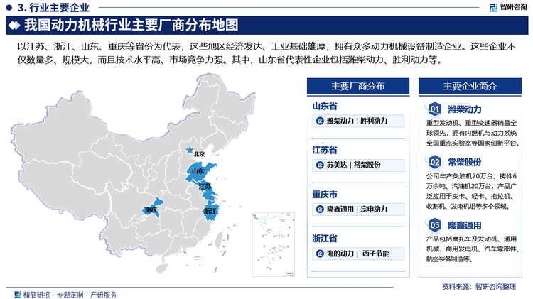 以江苏、浙江、山东、重庆等省份为代表，这些地区经济发达、工业基础雄厚，拥有众多动力机械设备制造企业。这些企业不仅数量多、规模大，而且技术水平高、市场竞争力强。其中，山东省代表性企业包括潍柴动力、胜利动力等。