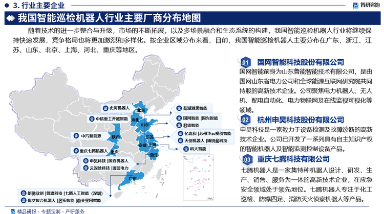 我国智能巡检机器人市场竞争格局中，各主要企业通过技术创新、多元化应用、产业链合作和政府支持，积极提升市场竞争力。未来，随着技术的进一步整合与升级，市场的不断拓展，以及多场景融合和生态系统的构建，我国智能巡检机器人行业将继续保持快速发展，竞争格局也将更加激烈和多样化。按企业区域分布来看，目前，我国智能巡检机器人主要分布在广东、浙江、江苏、山东、北京、上海、河北、重庆等地区。