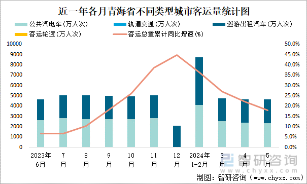 近一年各月青海省不同类型城市客运量统计图