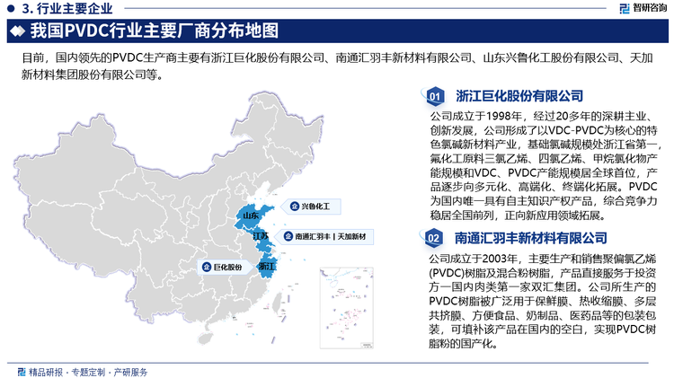 聚偏二氯乙烯市場集中度較低，企業(yè)規(guī)模較小，市場競爭激烈，行業(yè)缺乏一定的規(guī)范?，F(xiàn)在全球PVDC樹脂的主要生產(chǎn)廠家為美國的DOW化學(xué)公司、日本吳羽化學(xué)株式會社、旭化成化學(xué)株式會社、比利時solvay等，國外巨頭企業(yè)以及巨化股份處于行業(yè)的第一梯隊，第二梯隊是國內(nèi)具有一定規(guī)模和實力的企業(yè)，例如巨化股份、興魯化工等；第三梯度是國內(nèi)其他中小規(guī)模的企業(yè)。