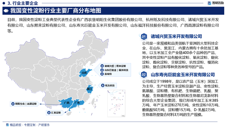 从企业方面来看，目前广西农垦明阳生化集团股份有限公司、杭州纸友科技有限公司、诸城兴贸玉米开发有限公司、山东熙来淀粉有限公司、山东寿光巨能金玉米开发有限公司、山东福洋科技股份有限公司、广西高源淀粉有限公司、潍坊森瑞特生物科技有限公司、罗盖特（中国）营养食品有限公司、广东汇美淀粉科技有限公司是我国变性淀粉工业典型代表性企业。