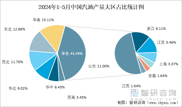 2024年1-5月中国汽油产量大区占比统计图
