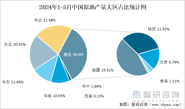 2024年1-5月中国原油产量大区占比统计图