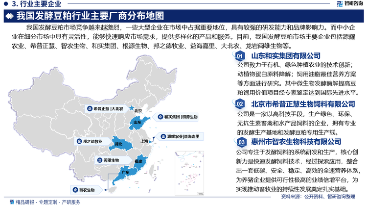 我国发酵豆粕市场竞争越来越激烈，一些大型企业在市场中占据重要地位，具有较强的研发能力和品牌影响力。而中小企业在细分市场中具有灵活性，能够快速响应市场需求，提供多样化的产品和服务。目前，我国发酵豆粕市场主要企业包括上海源耀农业股份有限公司、北京市希普正慧生物饲料有限公司、惠州市智农生物科技有限公司、山东和实集团有限公司、青岛根源生物技术集团有限公司、湖北邦之德牧业科技有限公司、益海嘉里金龙鱼食品集团股份有限公司、北京大北农科技集团股份有限公司、福建龙岩闽雄生物科技股份有限公司等。