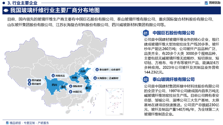 行业竞争格局方面，由于玻璃纤维行业具有资金投入多、技术壁垒高的特点，使得全球和中国的玻璃纤维生产企业均具有高集中度，呈现寡头垄断的产能分布格局。其中，中国巨石、美国欧文斯科宁（OC）、日本电气硝子公司（NEG）、 泰山玻璃纤维股份有限公司、重庆国际复合材料有限公司、山东玻纤集团股份有限公司这六大玻纤生产企业的玻纤年产能合计占到全球玻纤总产能的75%以上。而在国内玻纤企业中，中国巨石、泰山玻纤、国际复材三大玻纤生产企业的产能合计占到国内总产能的70%以上，其他行业内企业还包括山东玻纤、四川威玻、长海股份、正威新材、河南光远等。