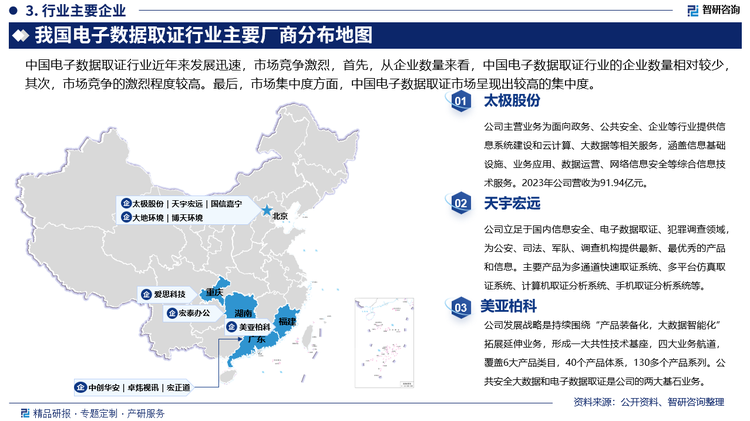 中國電子數(shù)據(jù)取證行業(yè)近年來發(fā)展迅速，市場競爭激烈，首先，從企業(yè)數(shù)量來看，中國電子數(shù)據(jù)取證行業(yè)的企業(yè)數(shù)量相對較少，其次，市場競爭的激烈程度較高。最后，市場集中度方面，中國電子數(shù)據(jù)取證市場呈現(xiàn)出較高的集中度。太極股份主營業(yè)務(wù)為面向政務(wù)、公共安全、企業(yè)等行業(yè)提供信息系統(tǒng)建設(shè)和云計算、大數(shù)據(jù)等相關(guān)服務(wù)，涵蓋信息基礎(chǔ)設(shè)施、業(yè)務(wù)應(yīng)用、數(shù)據(jù)運營、網(wǎng)絡(luò)信息安全等綜合信息技術(shù)服務(wù)。2023年公司營收為91.94億元。天宇宏遠立足于國內(nèi)信息安全、電子數(shù)據(jù)取證、犯罪調(diào)查領(lǐng)域，為公安、司法、軍隊、調(diào)查機構(gòu)提供最新、最優(yōu)秀的產(chǎn)品和信息。主要產(chǎn)品為多通道快速取證系統(tǒng)、多平臺仿真取證系統(tǒng)、計算機取證分析系統(tǒng)、手機取證分析系統(tǒng)等。美亞柏科發(fā)展戰(zhàn)略是持續(xù)圍繞“產(chǎn)品裝備化，大數(shù)據(jù)智能化”拓展延伸業(yè)務(wù)，形成一大共性技術(shù)基座，四大業(yè)務(wù)航道，覆蓋6大產(chǎn)品類目，40個產(chǎn)品體系，130多個產(chǎn)品系列。公共安全大數(shù)據(jù)和電子數(shù)據(jù)取證是公司的兩大基石業(yè)務(wù)。