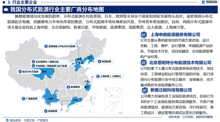 随着能源清洁化发展的趋势，分布式能源在包括美国、日本、欧洲等全球多个国家和地区发展势头良好。虽然我国分布式能源起步较晚，但随着电力市场化改革的推进，分布式能源市场环境更加开放，市场竞争更加激烈。目前，我国分布式能源市场主要企业包括上海申能能源服务有限公司、北京恩耐特分布能源技术有限公司、新奥泛能科技有限公司、华电新能源发展有限公司、宁波能源集团股份有限公司、国能生物发电集团有限公司、远大能源利用管理有限公司、上海神力科技有限公司等。