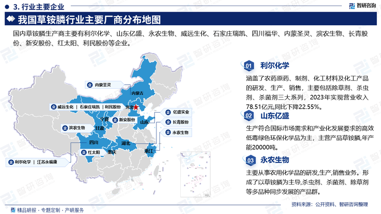 主要企业概况而言，利尔化学涵盖了农药原药、制剂、化工材料及化工产品的研发、生产、销售，主要包括除草剂、杀虫剂、杀菌剂三大系列，2023年实现营业收入78.51亿元,同比下降22.55%。02山东亿盛生产符合国际市场需求和产业化发展要求的高效低毒绿色环保化学品为主，主营产品草铵膦,年产能20000吨。永农生物主要从事农用化学品的研发,生产,销售业务。形成了以草铵膦为主导,杀虫剂、杀菌剂、除草剂等多品种同步发展的产品群。