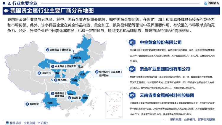 我国贵金属行业参与者众多，其中，国有企业占据重要地位，如中国黄金集团等，在采矿、加工和贸易领域具有较强的竞争力和市场份额。此外，许多民营企业在黄金饰品制造、黄金加工、银饰品制造等领域中发挥重要作用，有较强的市场敏感度和竞争力。另外，外资企业在中国贵金属市场上也有一定的参与，通过技术和品牌优势，影响市场的供给和需求格局。