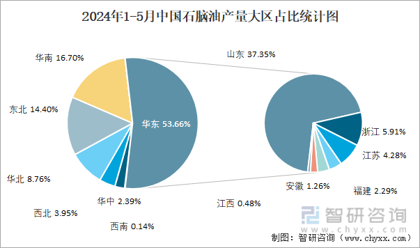 2024年1-5月中国石脑油产量大区占比统计图
