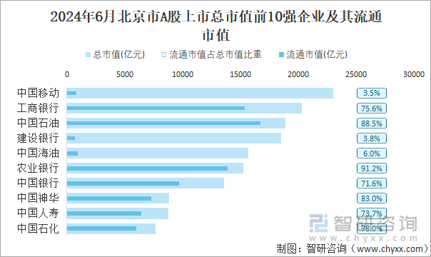 2024年6月北京市A股上市总市值前10强企业及其流通市值