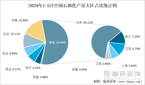 2024年1-5月中国石油焦产量大区占比统计图