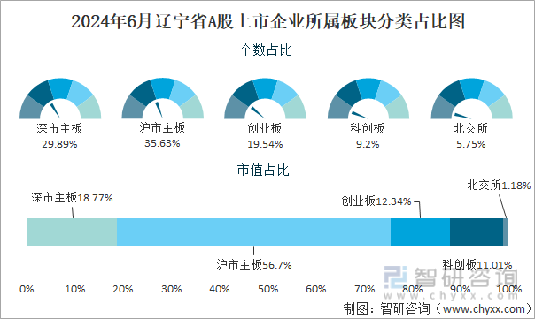 2024年6月辽宁省A股上市企业所属板块分类占比图