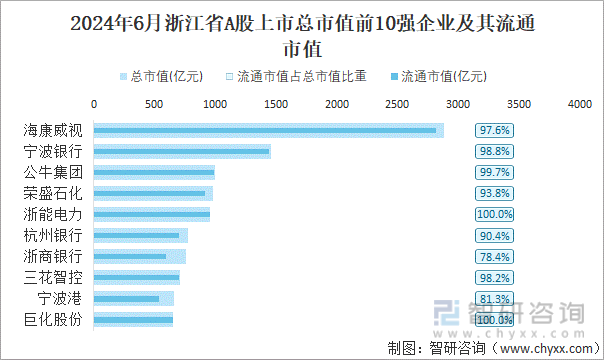 2024年6月浙江省A股上市总市值前10强企业及其流通市值