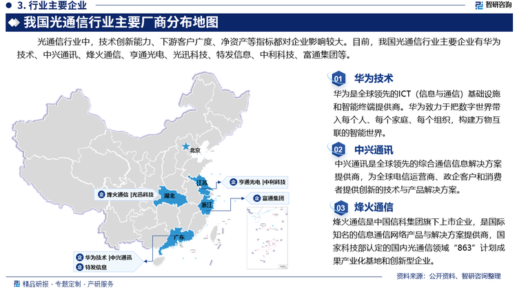 光通信行業(yè)中，技術(shù)創(chuàng)新能力、下游客戶廣度、凈資產(chǎn)等指標(biāo)都對(duì)企業(yè)影響較大。目前，我國光通信行業(yè)主要企業(yè)有華為技術(shù)、中興通訊、烽火通信、亨通光電、光迅科技、特發(fā)信息、中利科技、富通集團(tuán)等。