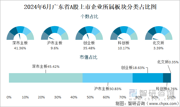 2024年6月广东省A股上市企业所属板块分类占比图