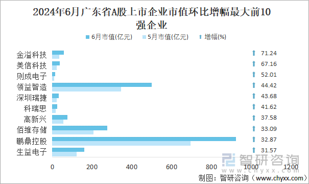 2024年6月广东省A股上市企业市值环比增幅最大前10强企业