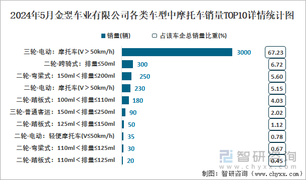 2024年5月金翌车业有限公司各类车型中摩托车销量TOP10详情统计图