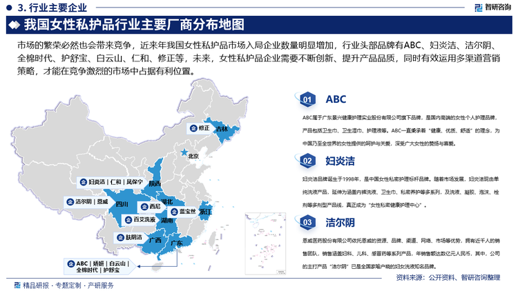 市场的繁荣必然也会带来竞争，近来年我国女性私护品市场入局企业数量明显增加，行业头部品牌有ABC、妇炎洁、洁尔阴、全棉时代、护舒宝、白云山、仁和、修正等，未来，女性私护品企业需要不断创新、提升产品品质，同时有效运用多渠道营销策略，才能在竞争激烈的市场中占据有利位置。