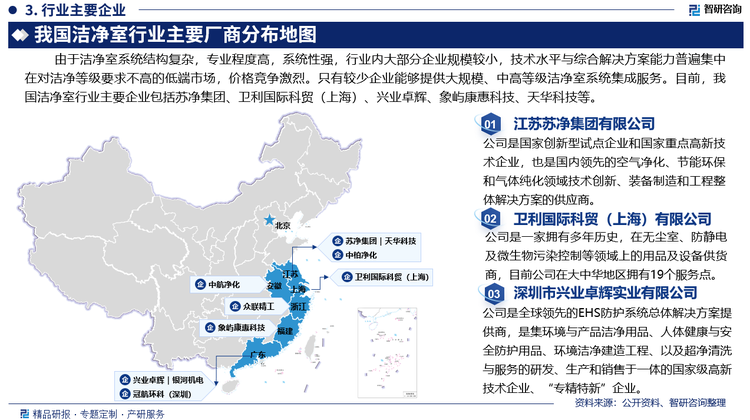 由于潔凈室系統(tǒng)結(jié)構(gòu)復(fù)雜，專業(yè)程度高，系統(tǒng)性強(qiáng)，行業(yè)內(nèi)大部分企業(yè)規(guī)模較小，技術(shù)水平與綜合解決方案能力有限，普遍集中在對(duì)潔凈等級(jí)要求不高的低端市場(chǎng)，價(jià)格競(jìng)爭(zhēng)激烈。而只有較少企業(yè)具備專業(yè)技術(shù)、資金實(shí)力、項(xiàng)目經(jīng)驗(yàn)與業(yè)界口碑及綜合管理能力，能夠提供大規(guī)模、中高等級(jí)潔凈室系統(tǒng)集成服務(wù)。目前，我國(guó)潔凈室行業(yè)主要企業(yè)包括江蘇蘇凈集團(tuán)、衛(wèi)利國(guó)際科貿(mào)（上海）、深圳市興業(yè)卓輝、廈門(mén)象嶼康惠科技、蘇州天華科技等。