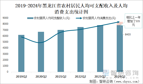 2019-2024年黑龙江省农村居民人均可支配收入及人均消费支出统计图
