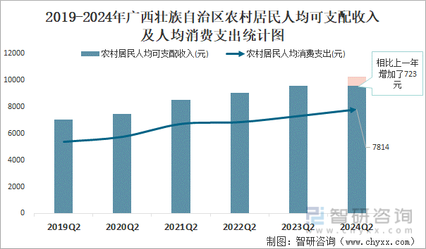 2019-2024年广西壮族自治区农村居民人均可支配收入及人均消费支出统计图