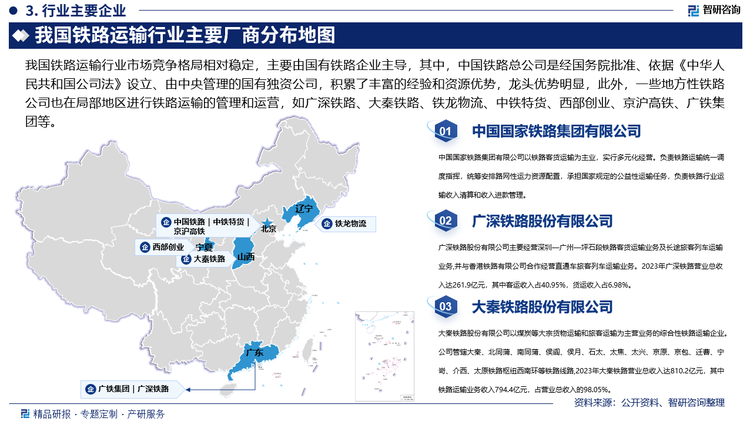 我国铁路运输行业市场竞争格局相对稳定，主要由国有铁路企业主导，其中，中国铁路总公司是经国务院批准、依据《中华人民共和国公司法》设立、由中央管理的国有独资公司，积累了丰富的经验和资源优势，龙头优势明显，此外，一些地方性铁路公司也在局部地区进行铁路运输的管理和运营，如广深铁路、大秦铁路、铁龙物流、中铁特货、西部创业、京沪高铁、广铁集团等。