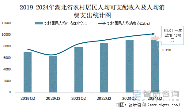 2019-2024年湖北省农村居民人均可支配收入及人均消费支出统计图