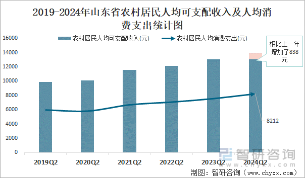 2019-2024年山东省农村居民人均可支配收入及人均消费支出统计图
