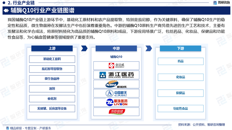 我国辅酶Q10产业链上游环节中，基础化工原材料和农产品提取物，特别是茄尼醇，作为关键原料，确保了辅酶Q10生产的稳定性和品质，微生物菌种在发酵法生产中也扮演着重要角色。中游的辅酶Q10原料生产商凭借先进的生产工艺和技术，主要有发酵法和化学合成法，将原材料转化为高品质的辅酶Q10原料和成品，下游应用场景广泛，包括药品、化妆品、保健品和功能性食品等，为心脑血管健康等领域提供了重要支持。