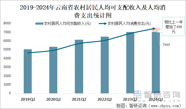 2019-2024年云南省农村居民人均可支配收入及人均消费支出统计图